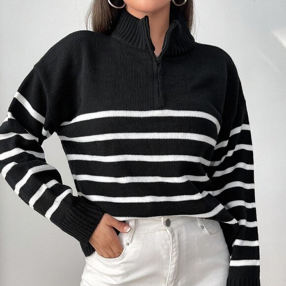 Preppy Striped Pattern Half Zipper Drop Shoulder Sweater - Picture 1 of 5